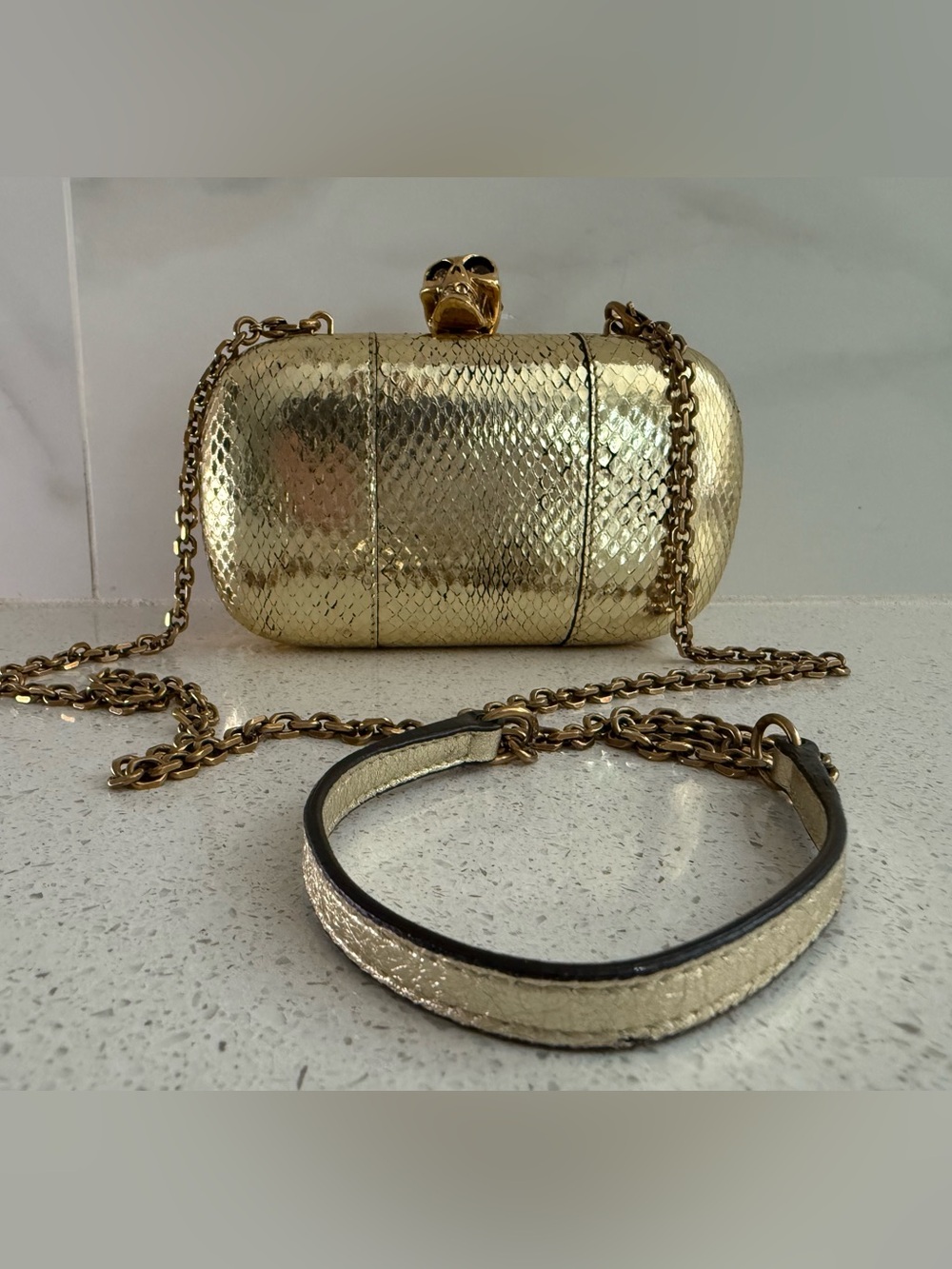 Alexander McQueen Clutch Bag Gold Snakeskin Embossed Leather Skull Box